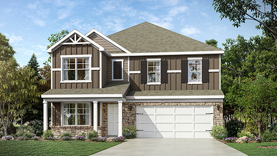 Front exterior of a Stamford floorplan home featuring grey and brown siding, black shutters and a 2 car garage