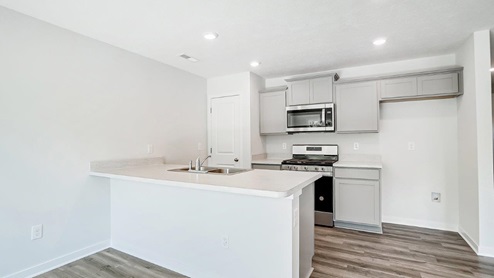 kitchen with peninsula counter, pantry, grey cabinets, stainless steel applianced
