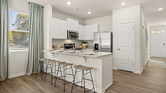 kitchen with white cabinets, peninsula counters with barstools, stainless steel appliances and pantry