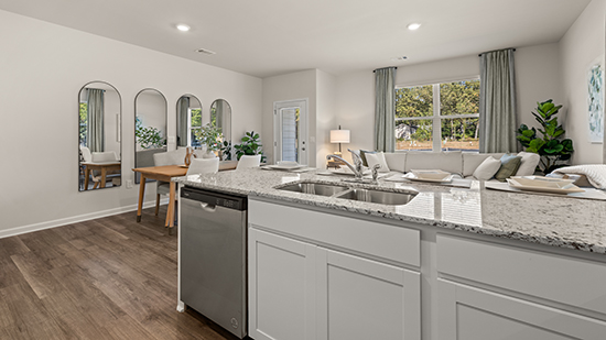 peninsula counter with white cabinets, dish washer and great room