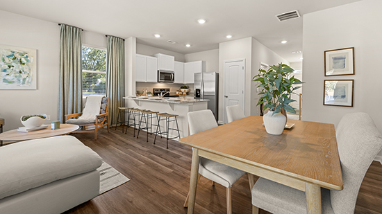 dining space, kitchen and great room
