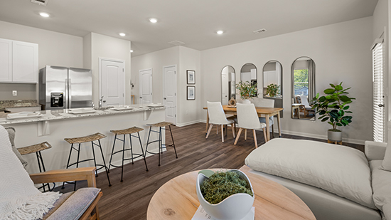 furnished living room, kitchen and dining room