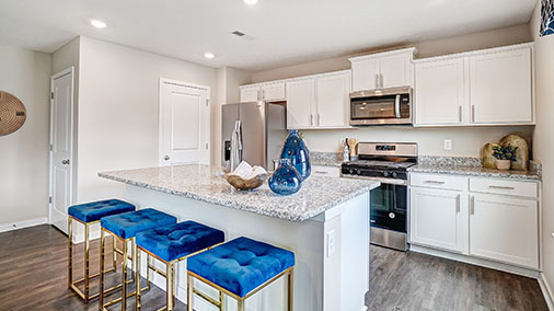 kitchen with white cabinets, built in island with barstools, stainless steel appliances and walk in pantry