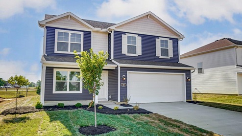 two story home with blue siding, covered entry, two car garage - Pendleton floor plan