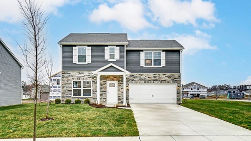 two story home with grey siding, partial stone front, covered entry, two car garage - Juniper floor plan
