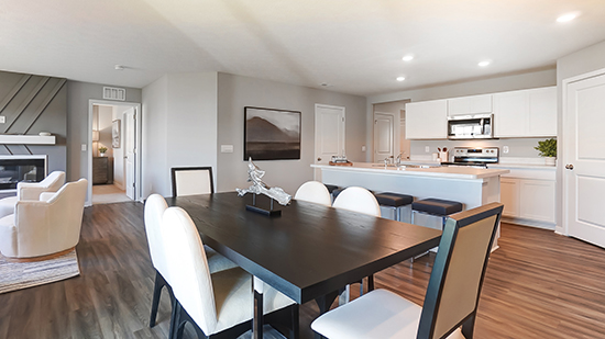 dining table and chairs, and kitchen