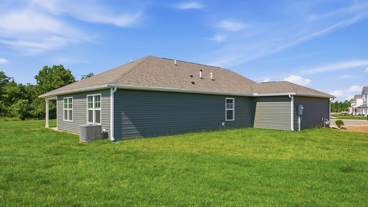 single story home with green siding and covered patio rear exterior
