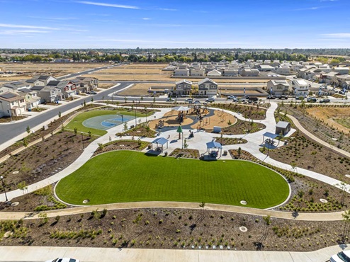 Aerial view of community park and playground