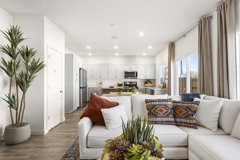 Amber Lynn Estates Plan 1547 Open concept living and dining area with view of kitchen, closet, and back patio door.