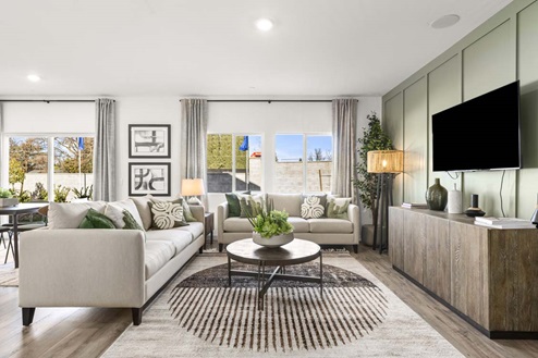 Living room with side-by-side windows and sage green wall.