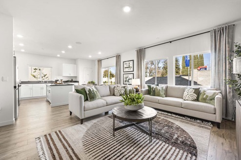 Living room with two side-by-side windows and open view of the kitchen.