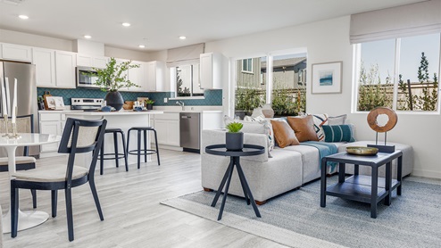 Modern open concept living, kitchen, and dining area