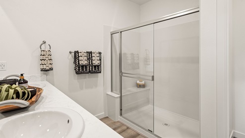 Sleek primary bathroom with walk in shower