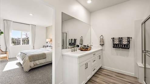 Sleek primary bathroom with walk in shower
