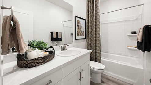 Guest bathroom with quartz counter and shower bathtub