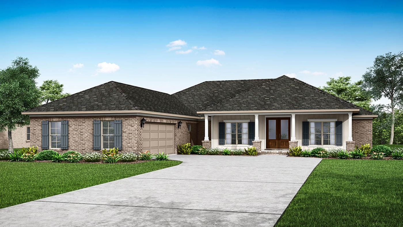One-story brick home with large driveway and 2-car garage.
