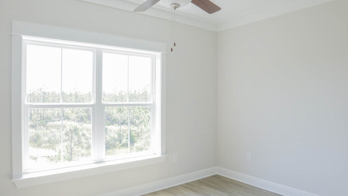 Primary bedroom with a large window.