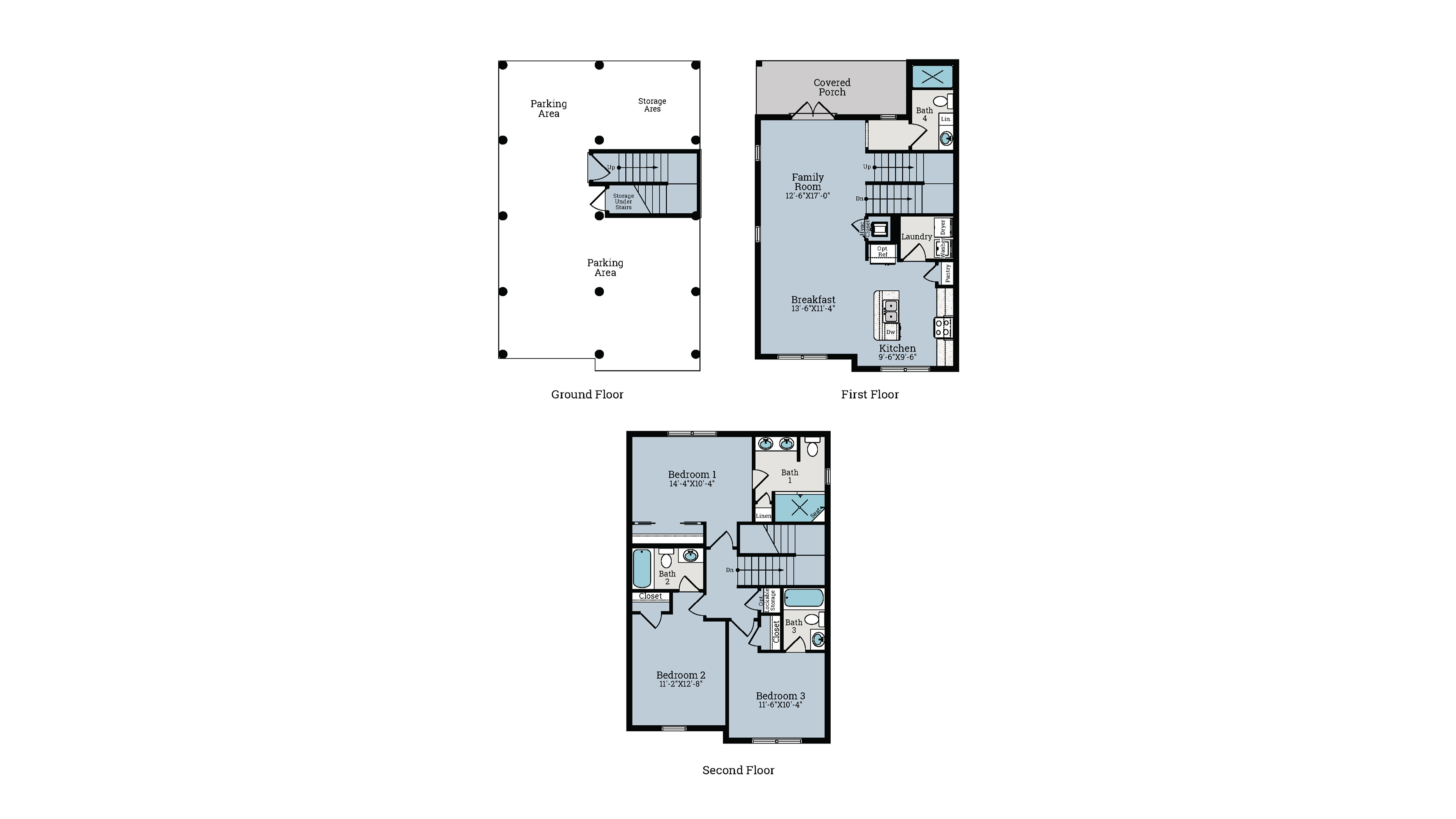 Three-story sketch for the 3 bedroom and 4 bathroom Sunset floor plan.