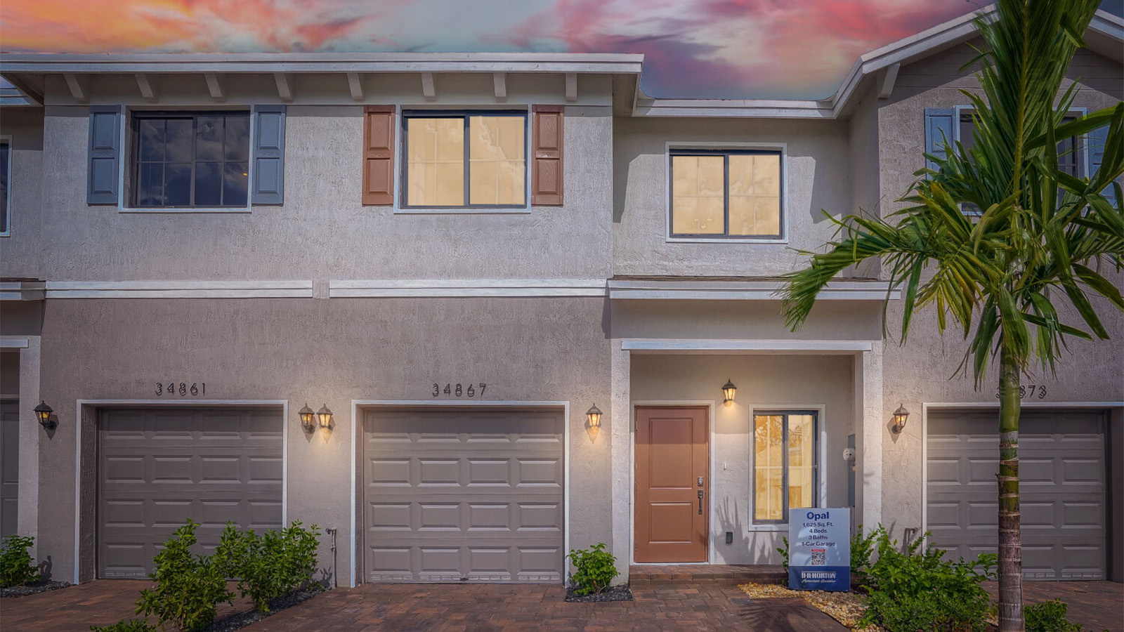 front exterior at sunset