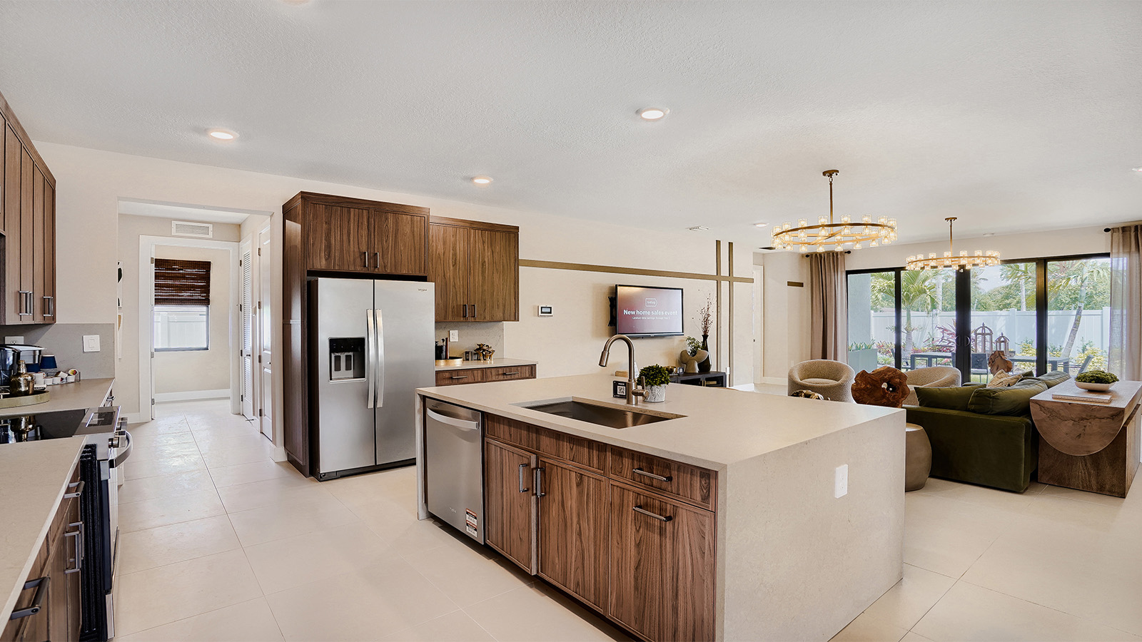 kitchen area with waterfall island