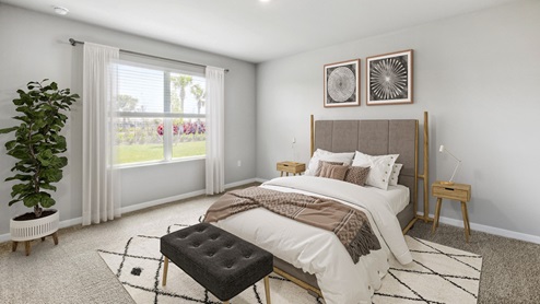 Inside of the Aria bedroom one. Creme carpets with grey walls. Room contains one medium bed with two small nightstands on either side as well as a plant in the corner of the room. Room also has window.