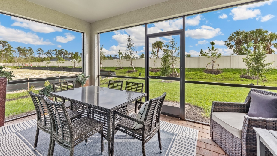 Outside the Carrington Model screened in lanai with pond view.