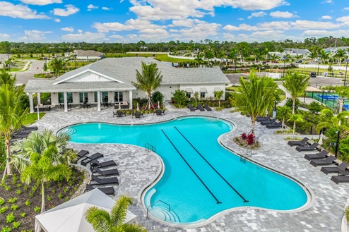 Aerial view of Cove at West Port's amenity center pool