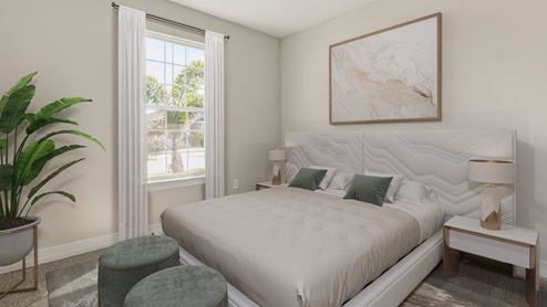 Inside of the Shelby model bedroom two. Creme carpet with off-white walls. Room contains bed with nightstands on either side as well as two small benches at the foot of the bed. Room also contains window.