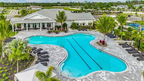 Aerial view of Cove at West Port's amenity center pool