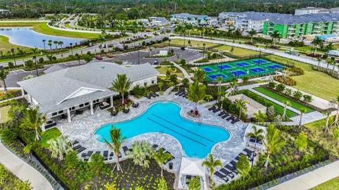 Amenity view of amenity center Pool, Pickle Ball/Bocce courts Ariel