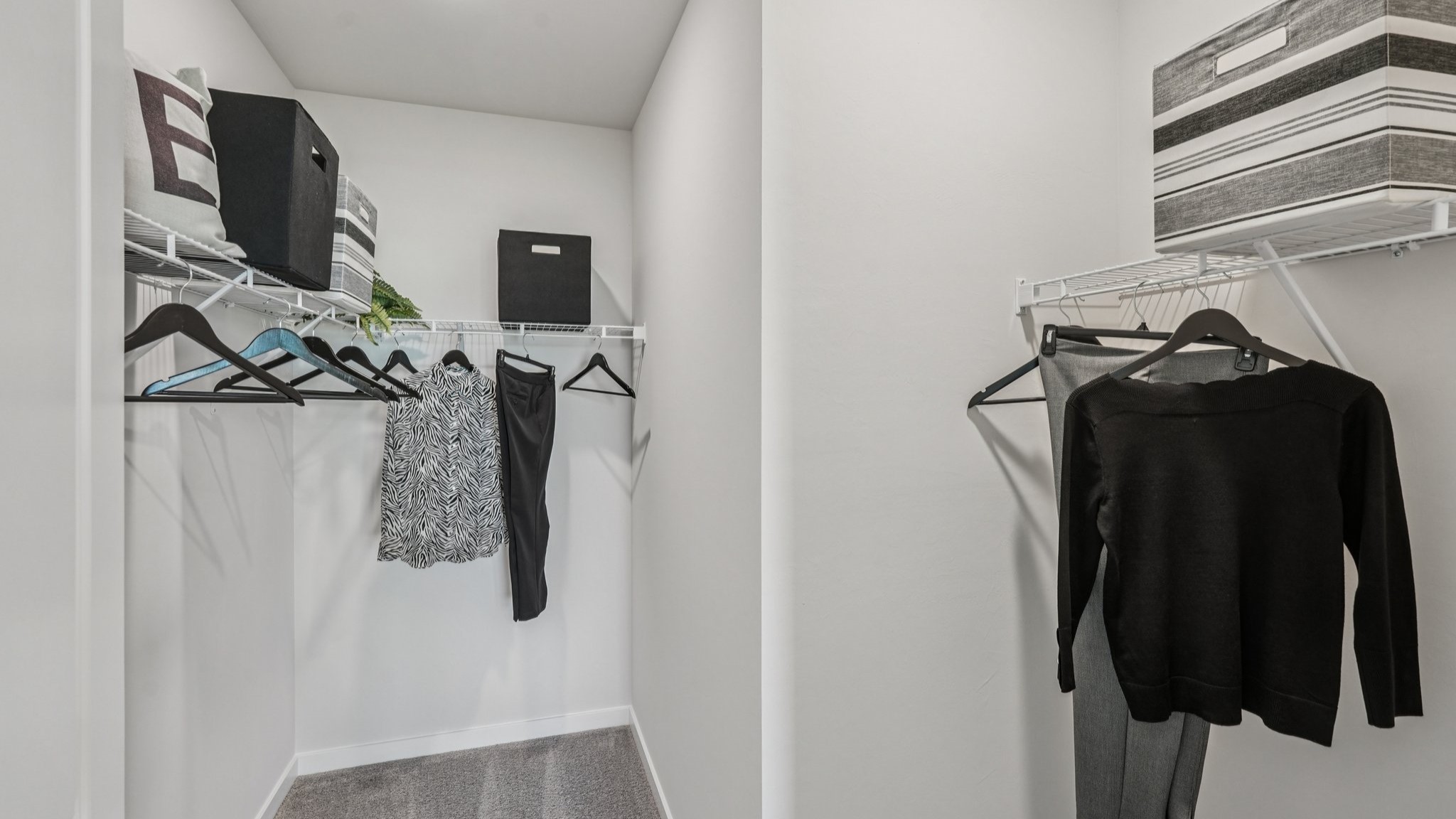 Inside the closet of the Carrington model. Shelves and storage space.