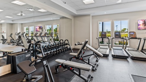 Amenity center fitness center with weight lifting machines and cardio machines