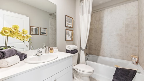This is the Lakeside's secondary bathroom, The shower has a tub and the porcelain tub and sink have silver fixtures.