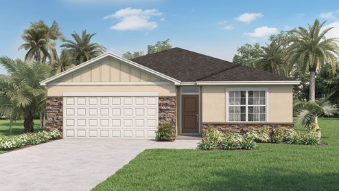 Outside of the Cali model. Yellow home with one car garage, window with shutters, and front door.