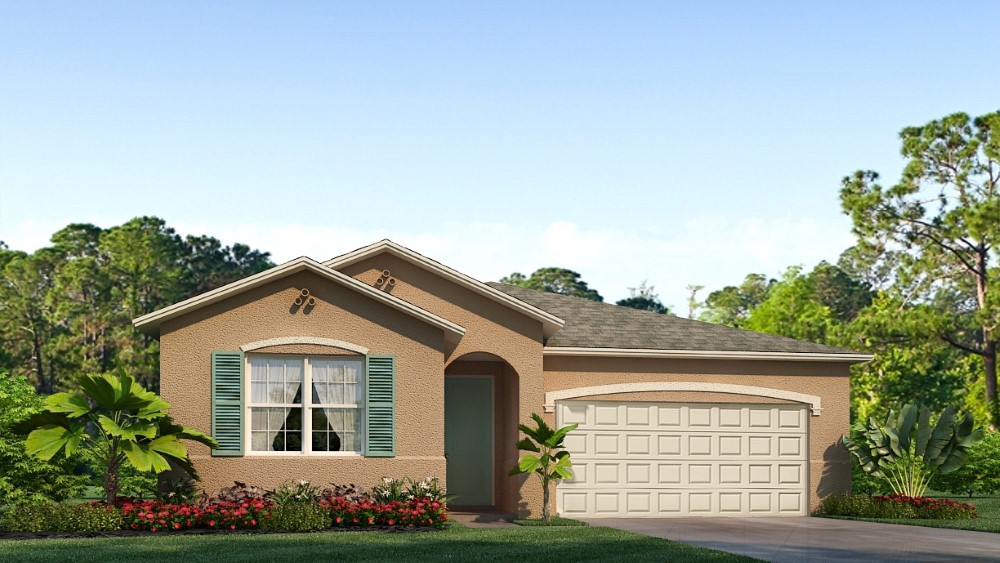 Exterior of our Clifton floorplan.  Windows with green shutters, tan colored exterior, two-car garage, paver drive and walkway