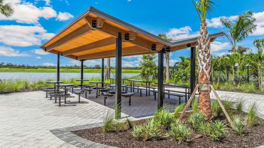 Outside of the seating area by the lake