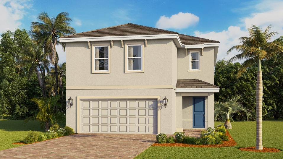 Ellenton Elevation in Lakes of Estero. two story home with paver driveway.