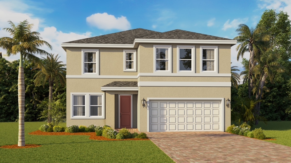Outside of the Coral home in Lakes of Estero. two story home with paver driveway.