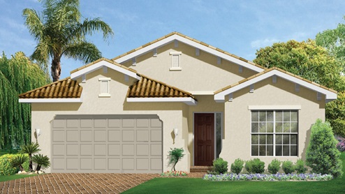 Outside of the Shelby L model. Yellow home with one car garage, large window, and front door. Mixed pavers driveway.