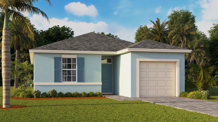 Outside of the Keystone C model. Blue home with one car garage, window with shutters, and front door. Mixed paver driveway.