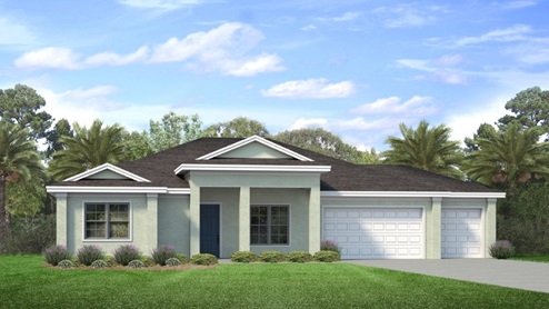 Outside of the Kellen A model. Green home with three car garage, two windows, and front door. Grey paver driveway.