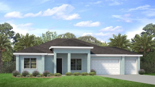 Outside of the Kellen B model. Blue home with three car garage, two windows, and front door. Grey paver driveway.