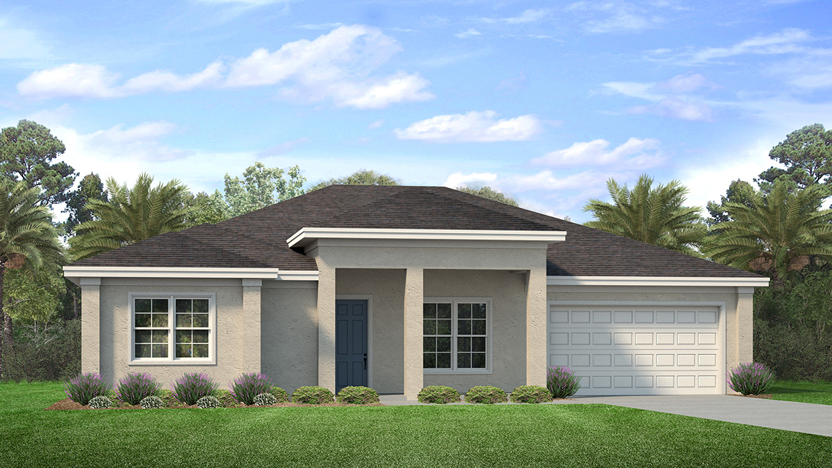 Outside of the Kellen B model. Beige home with two car garage, two windows, and front door. Grey paver driveway.
