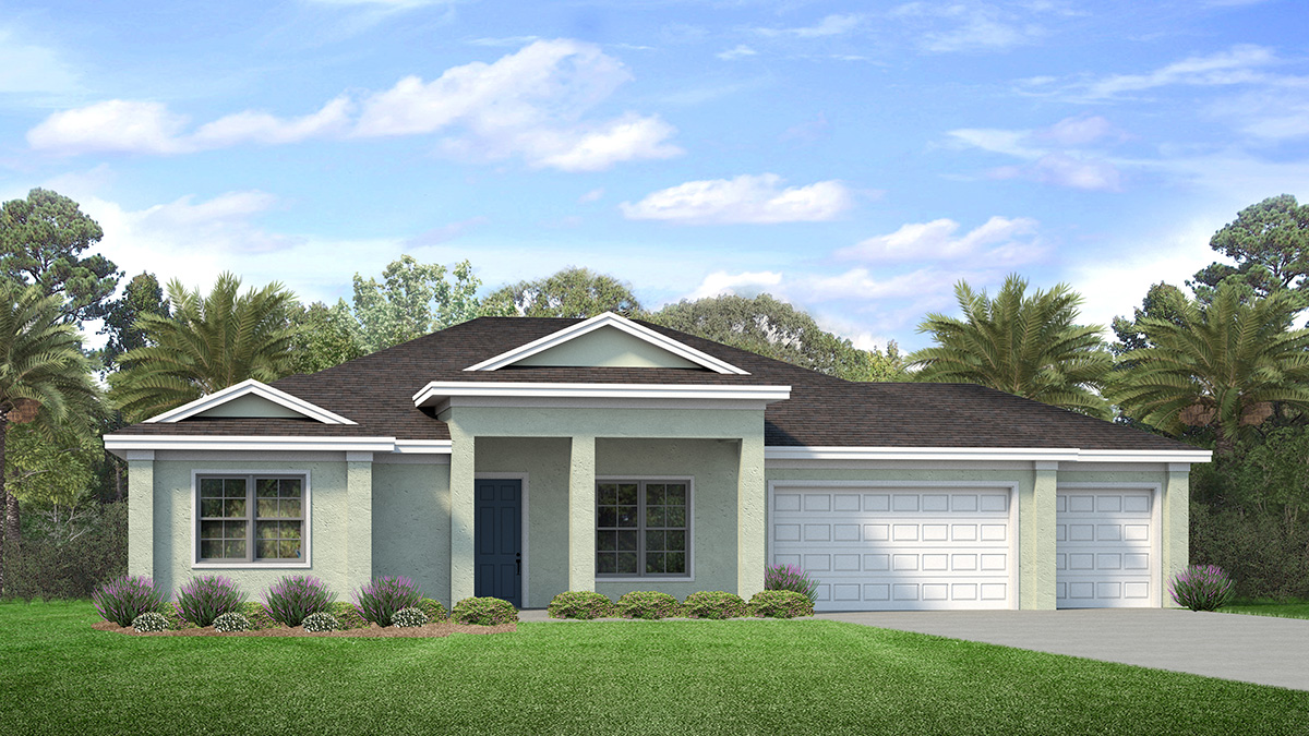 Outside of the Kellen A model. Green home with three car garage, two windows, and front door. Grey paver driveway.