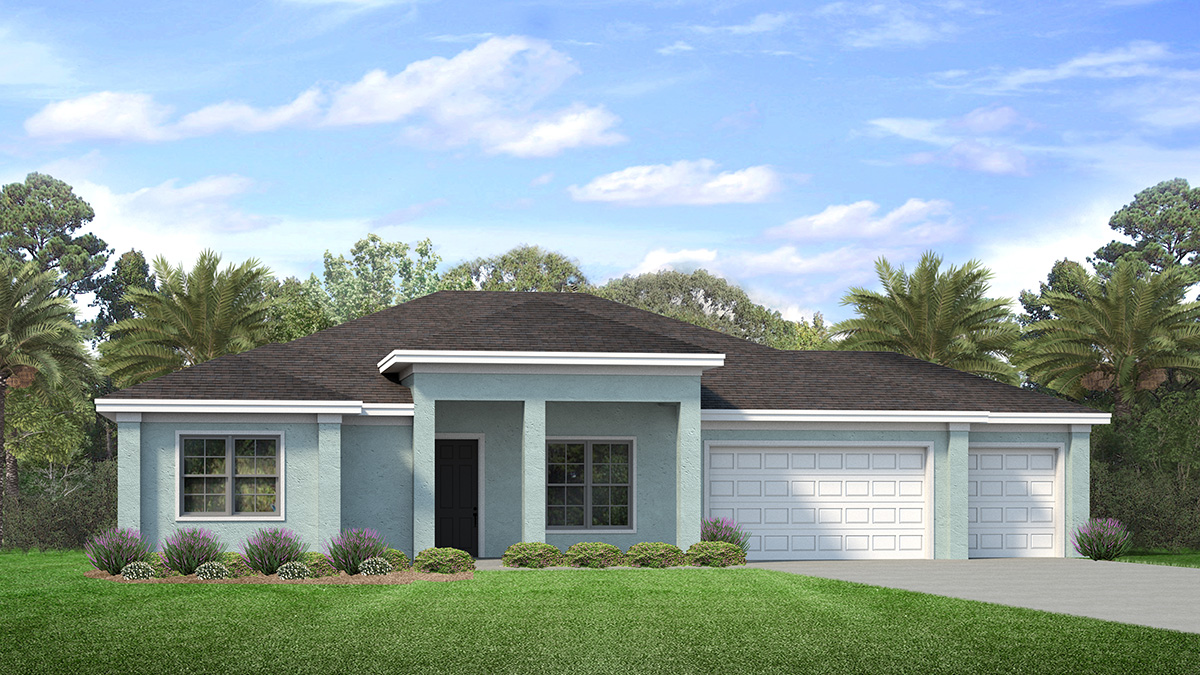 Outside of the Kellen B model. Blue home with three car garage, two windows, and front door. Grey paver driveway.