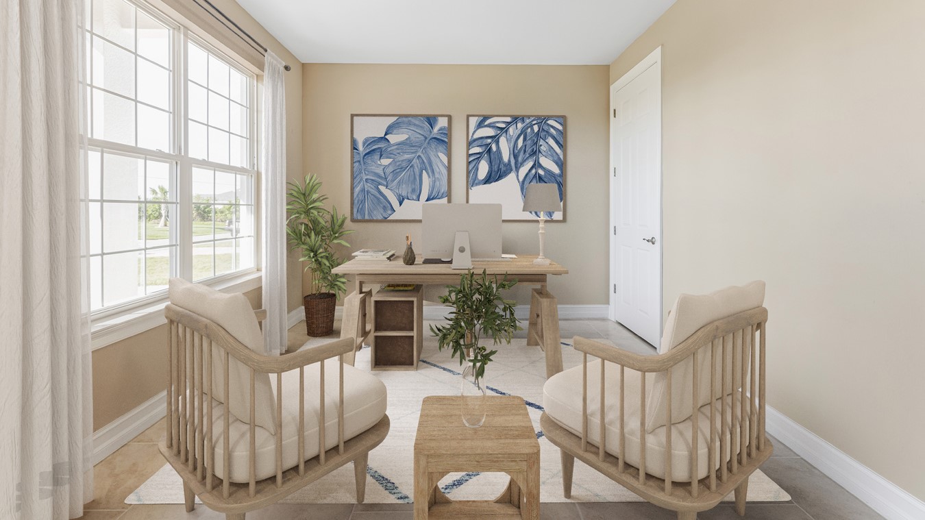 Inside the Kellen Model Den, with view of the large double paned window with 3x6 grid, tiled floor, there is room for a desk for your office work and there is a closet. Across from the desk are two wooden chairs with a table inbetween, holding a plant.