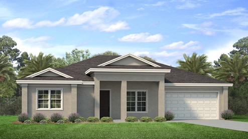 Outside of the Kellen A model. Beige home with a two car garage, two windows in the front, and front door. Grey paver driveway.
