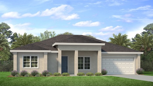 Outside of the Kellen B model. Beige home with two car garage, two windows, and front door. Grey paver driveway.