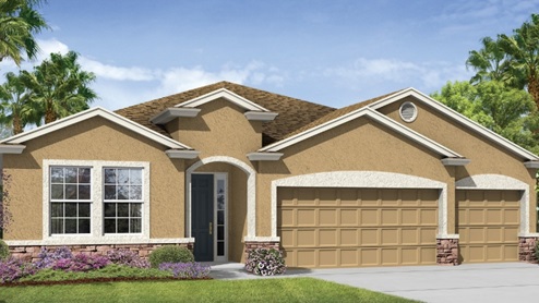 Outside of Destin B model. Burnt orange home with two car garage, two small windows, and front door. Grey paver driveway.
