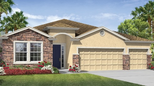 Outside of Destin D model. Yellow house with two car garage, two small windows, front door, and stone accents. Grey paver driveway.